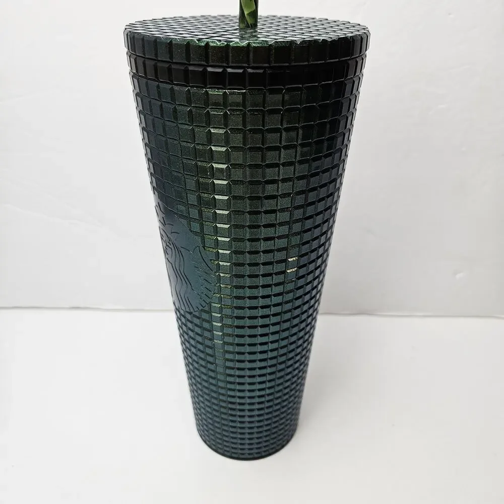Starbucks 2021 Deep Green Disco Grid 24oz‎ Tumber Venti Straw